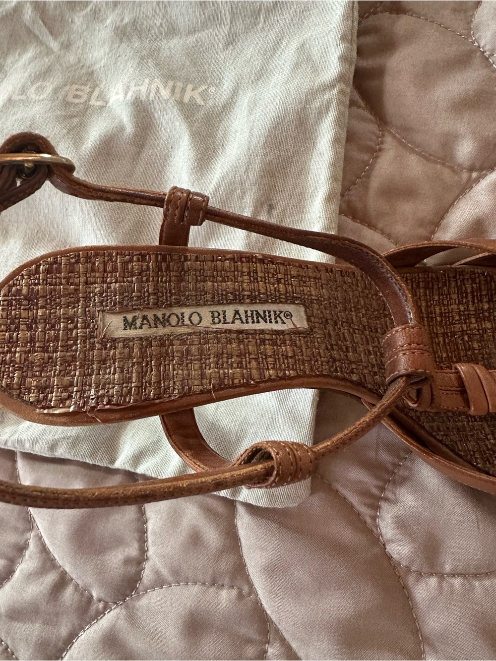 Manolo Blahnik Brown Leather T-Strap Heeled Sandals - Picture 3 of 6